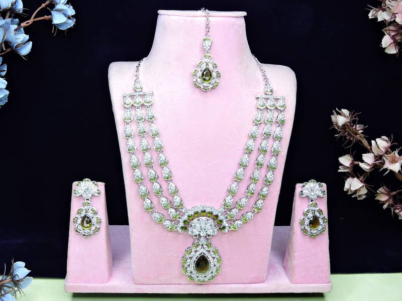 Green rhodium premium designer american diamond and stone work necklace set