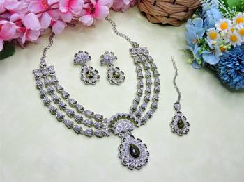 Green rhodium premium designer american diamond and stone work necklace set 2