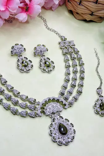 Green rhodium premium designer american diamond and stone work necklace set