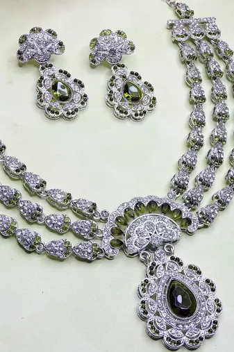 Green rhodium premium designer american diamond and stone work necklace set