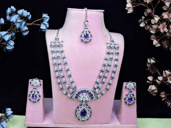 Blue rhodium premium designer american diamond and stone work necklace set 1