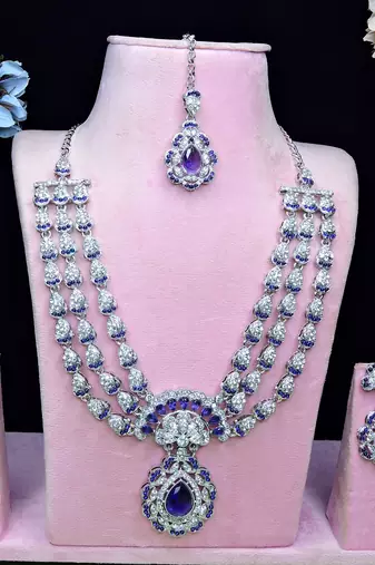 Blue rhodium premium designer american diamond and stone work necklace set