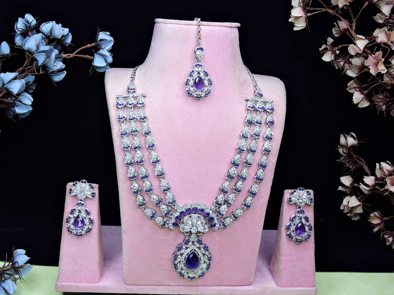 Blue rhodium premium designer american diamond and stone work necklace set