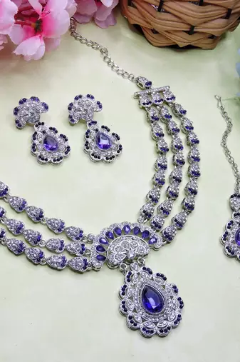 Blue rhodium premium designer american diamond and stone work necklace set