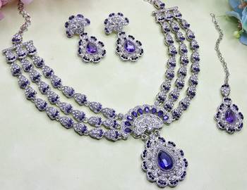 Blue rhodium premium designer american diamond and stone work necklace set 3