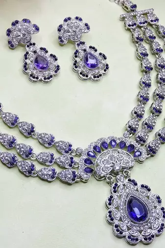 Blue rhodium premium designer american diamond and stone work necklace set
