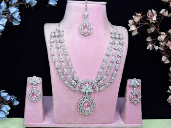 Pink rhodium premium designer american diamond and stone work necklace set 1