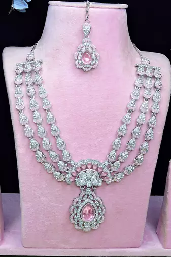 Pink rhodium premium designer american diamond and stone work necklace set