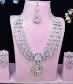 Pink rhodium premium designer american diamond and stone work necklace set