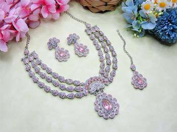 Pink rhodium premium designer american diamond and stone work necklace set 2