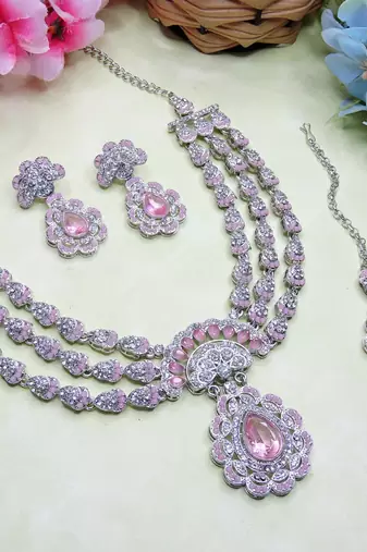 Pink rhodium premium designer american diamond and stone work necklace set