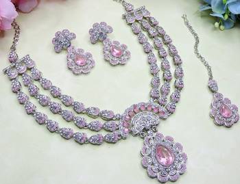 Pink rhodium premium designer american diamond and stone work necklace set 3