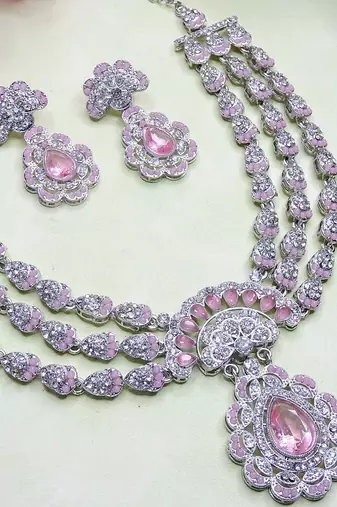 Pink rhodium premium designer american diamond and stone work necklace set
