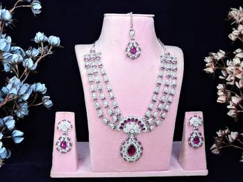 Purple rhodium premium designer american diamond and stone work necklace set 1