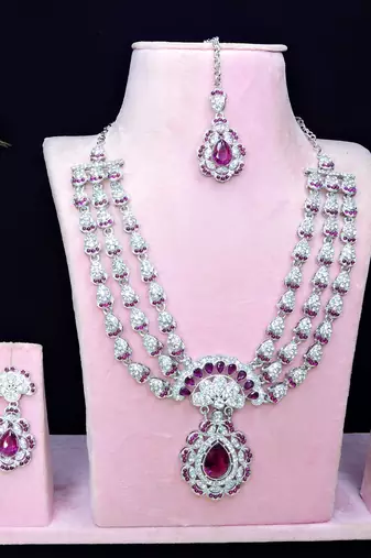 Purple rhodium premium designer american diamond and stone work necklace set