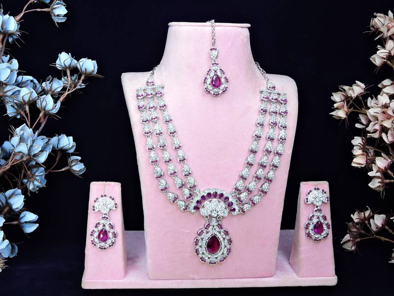 Purple rhodium premium designer american diamond and stone work necklace set