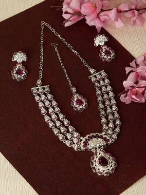 Purple rhodium premium designer american diamond and stone work necklace set 2