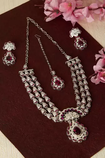 Purple rhodium premium designer american diamond and stone work necklace set