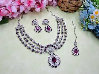Purple rhodium premium designer american diamond and stone work necklace set 3