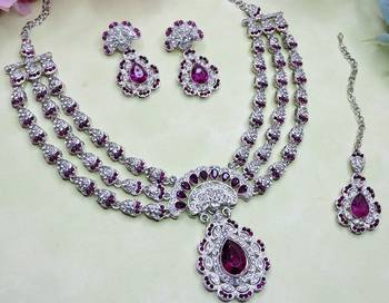 Purple rhodium premium designer american diamond and stone work necklace set 4