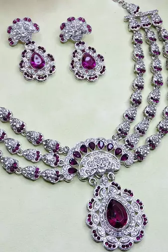 Purple rhodium premium designer american diamond and stone work necklace set