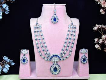 Blue rhodium premium designer american diamond and stone work necklace set 1