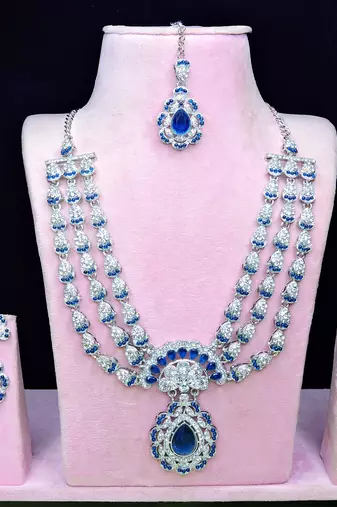 Blue rhodium premium designer american diamond and stone work necklace set