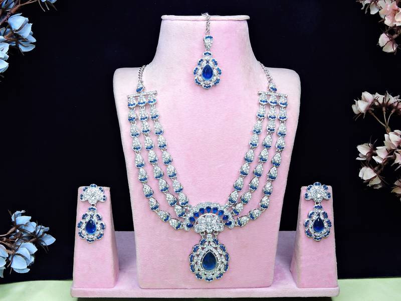 Blue rhodium premium designer american diamond and stone work necklace set