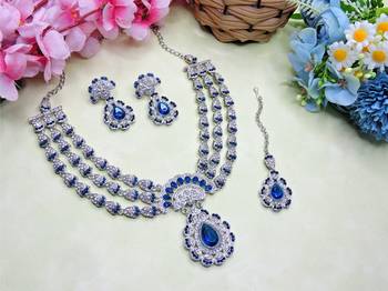 Blue rhodium premium designer american diamond and stone work necklace set 2