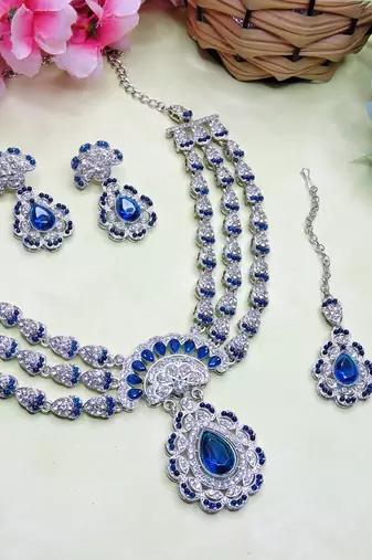 Blue rhodium premium designer american diamond and stone work necklace set
