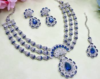 Blue rhodium premium designer american diamond and stone work necklace set 3