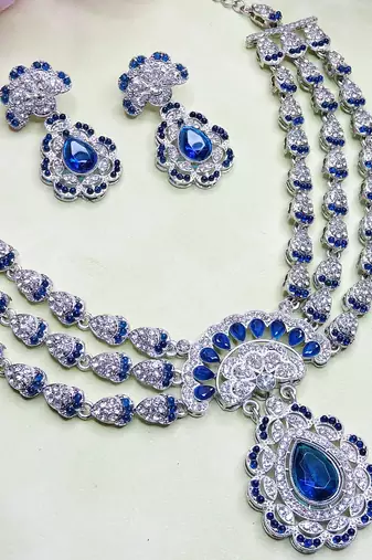 Blue rhodium premium designer american diamond and stone work necklace set