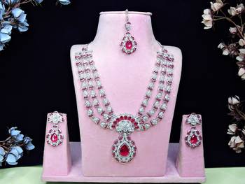 Pink rhodium premium designer american diamond and stone work necklace set 1