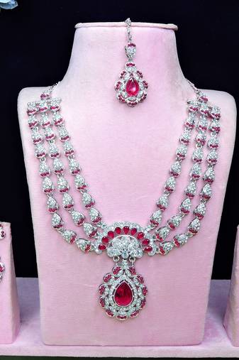 Pink rhodium premium designer american diamond and stone work necklace set