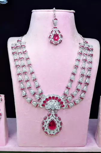 Pink rhodium premium designer american diamond and stone work necklace set
