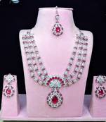 Pink rhodium premium designer american diamond and stone work necklace set