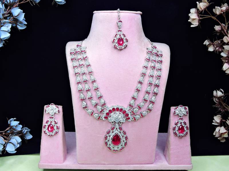 Pink rhodium premium designer american diamond and stone work necklace set