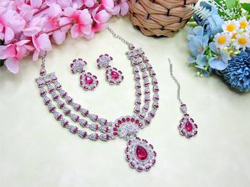 Pink rhodium premium designer american diamond and stone work necklace set 2