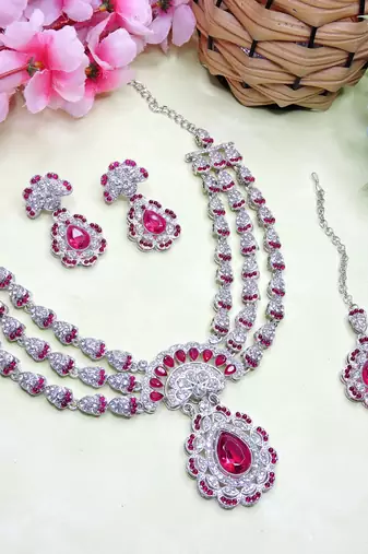 Pink rhodium premium designer american diamond and stone work necklace set