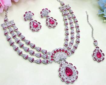 Pink rhodium premium designer american diamond and stone work necklace set 3