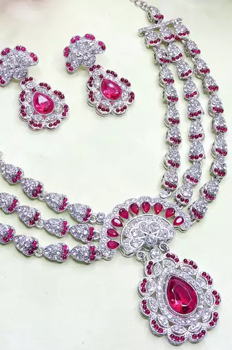 Pink rhodium premium designer american diamond and stone work necklace set