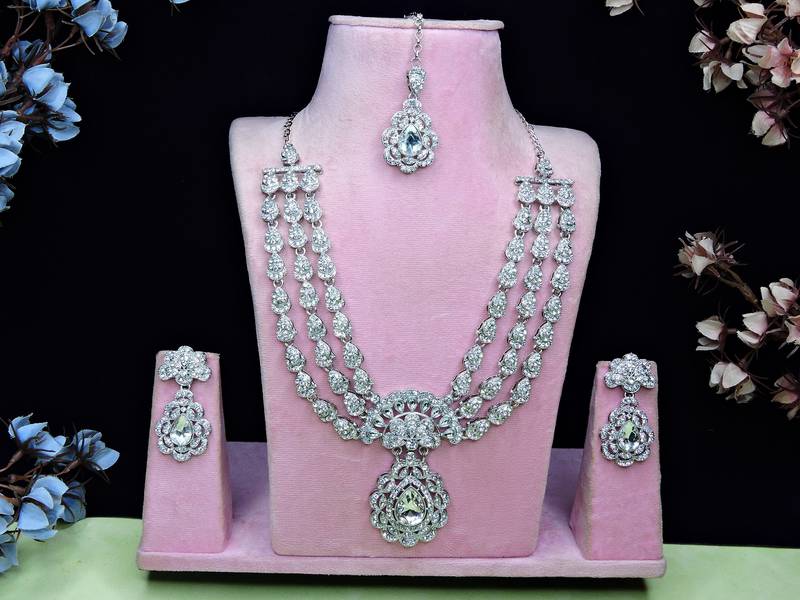 White rhodium premium designer american diamond and stone work necklace set