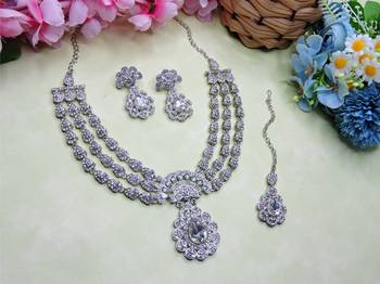 White rhodium premium designer american diamond and stone work necklace set 2