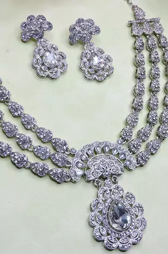 White rhodium premium designer american diamond and stone work necklace set