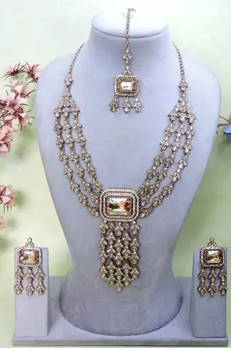 Gold yellow gold premium designer american diamond and stone work necklace set