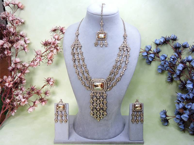 Gold yellow gold premium designer american diamond and stone work necklace set