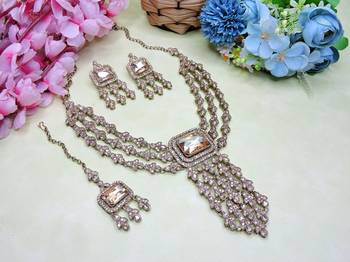 Gold yellow gold premium designer american diamond and stone work necklace set 2