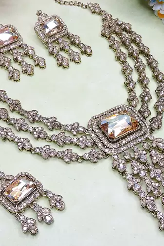 Gold yellow gold premium designer american diamond and stone work necklace set