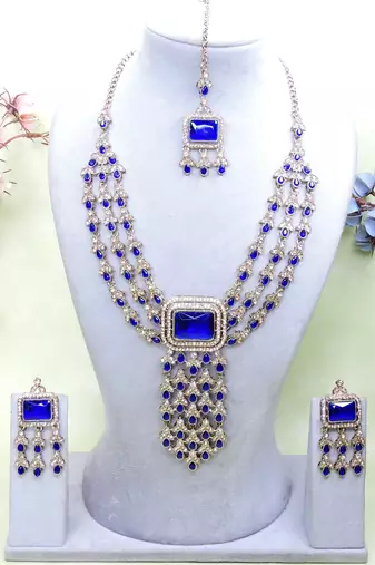 Blue yellow gold premium designer american diamond and stone work necklace set