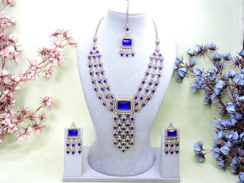 Blue yellow gold premium designer american diamond and stone work necklace set